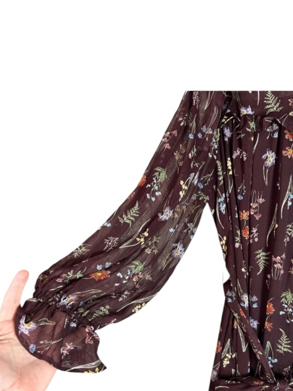 Eloquii Brown Flowy Floral Maxi Long Sleeve Belted Ruffle Flowy Shirt Dress 24 - Picture 11 of 12